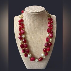 Vintage Red Marbled Bead Double Strand Necklace - MCM Style